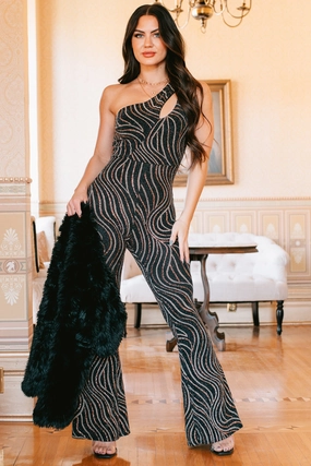 Queen Of Compliments Metallic Glitter Jumpsuit (Black/Gold) Daily Chic