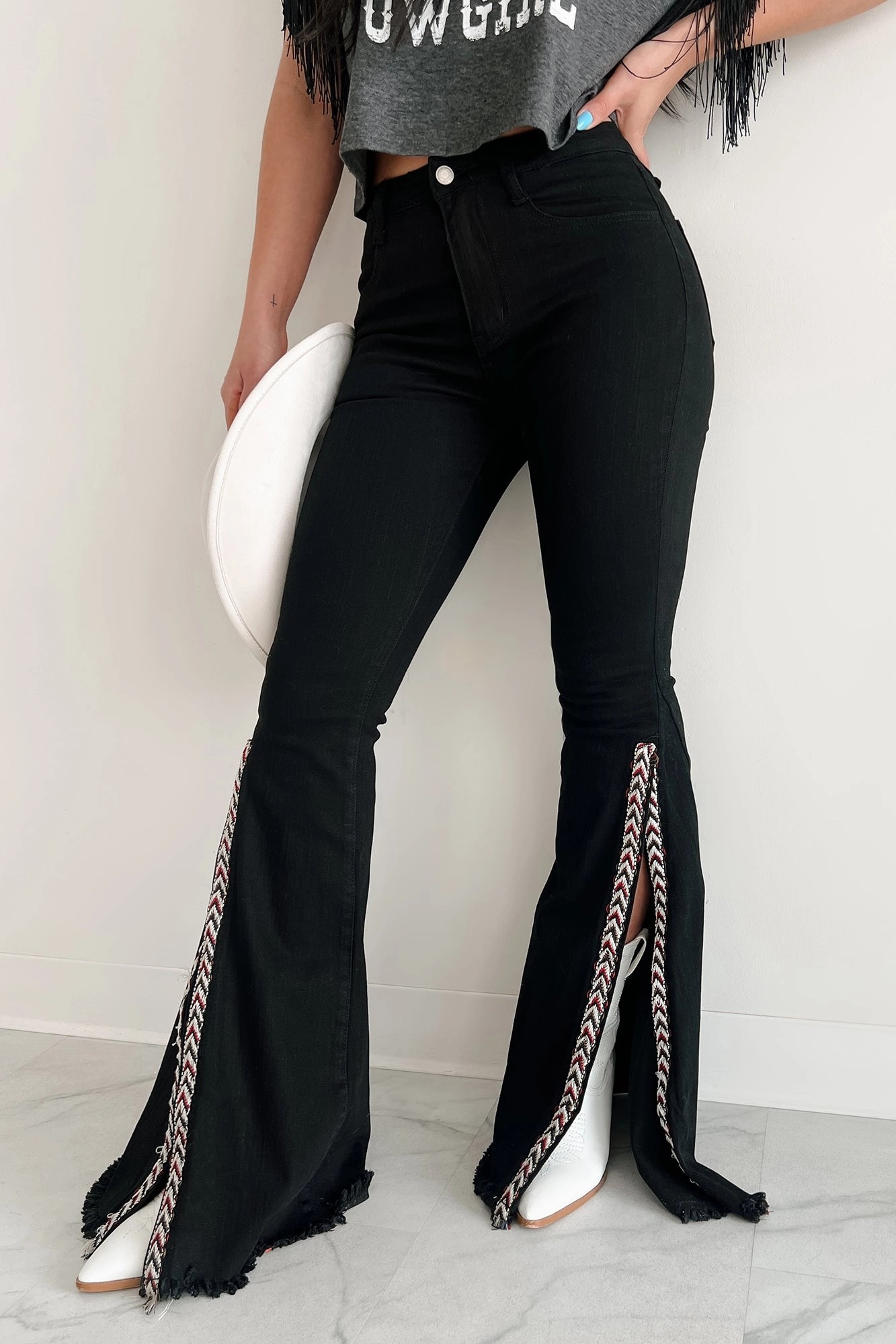 Cozy Stretch Fit Sleek Comfort Quenlin Side Split Saints & Hearts Flare Jeans (Black)