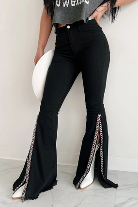 Cozy Stretch Fit Sleek Comfort Quenlin Side Split Saints & Hearts Flare Jeans (Black)