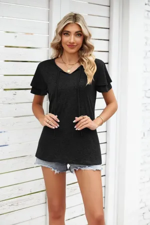 Tunic top HighNeck V NECK LACED PETAL SLEEVE SOLID TOP