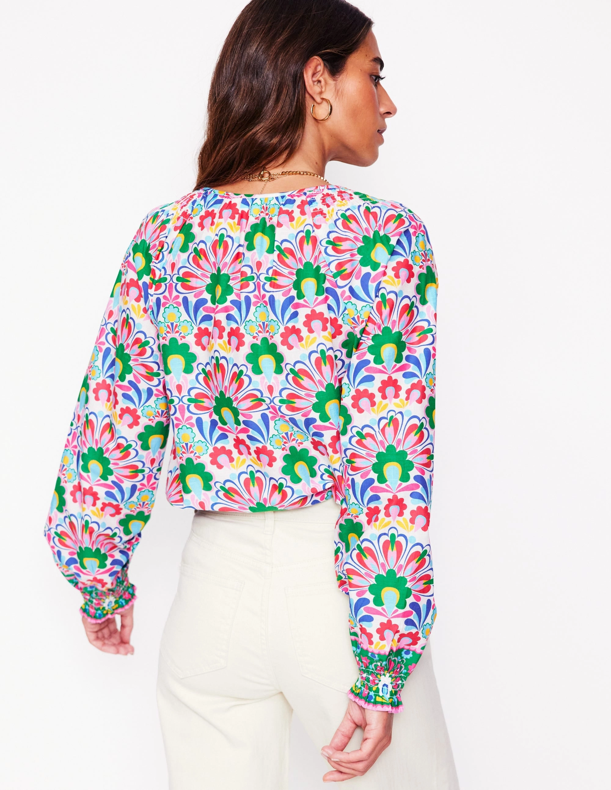 Easy Cotton Blouse-Multi, Decorative Dandelion Textured Weave Garment Washed Softness