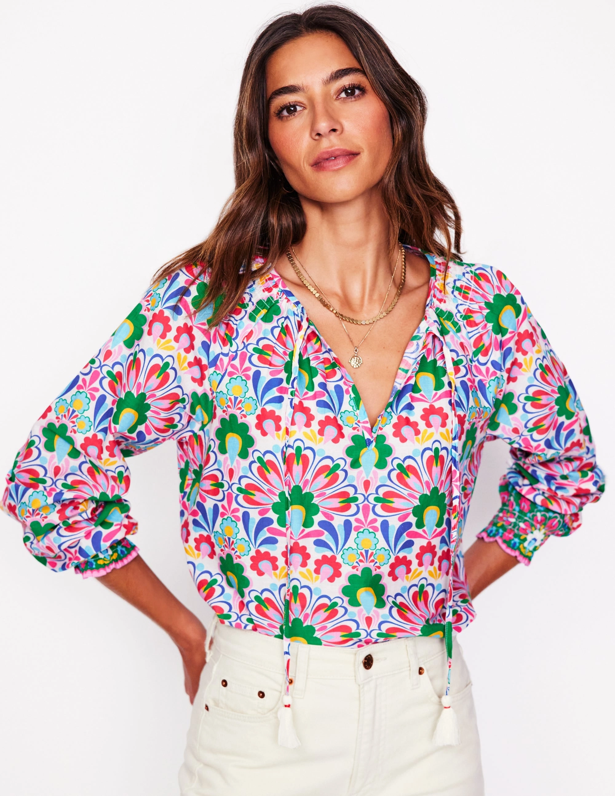 DurableReinforcement Easy Cotton Blouse-Multi, Decorative Dandelion