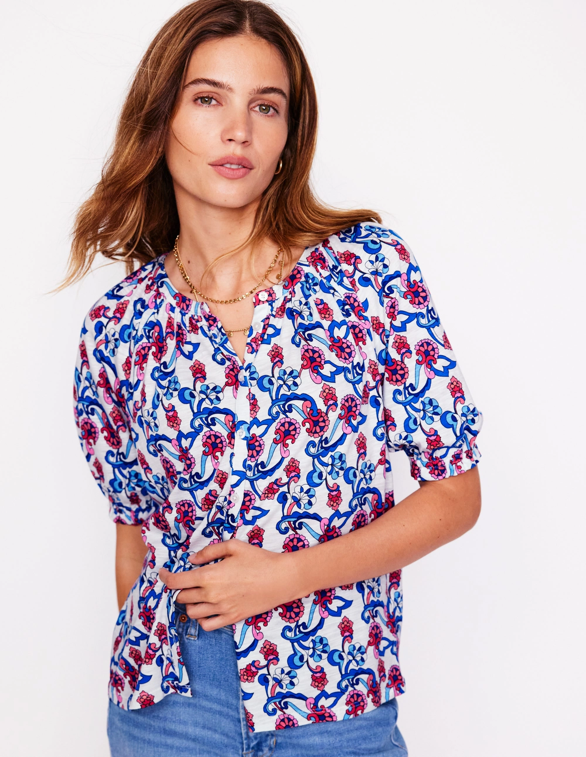 Fray Resistant Edges Self Fabric Tie Closure Isla Jersey Shirt-Ivory, Floral