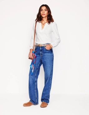 Double Chest Pocket LoopwheelFabric Ava Long Sleeve Trim Top-White