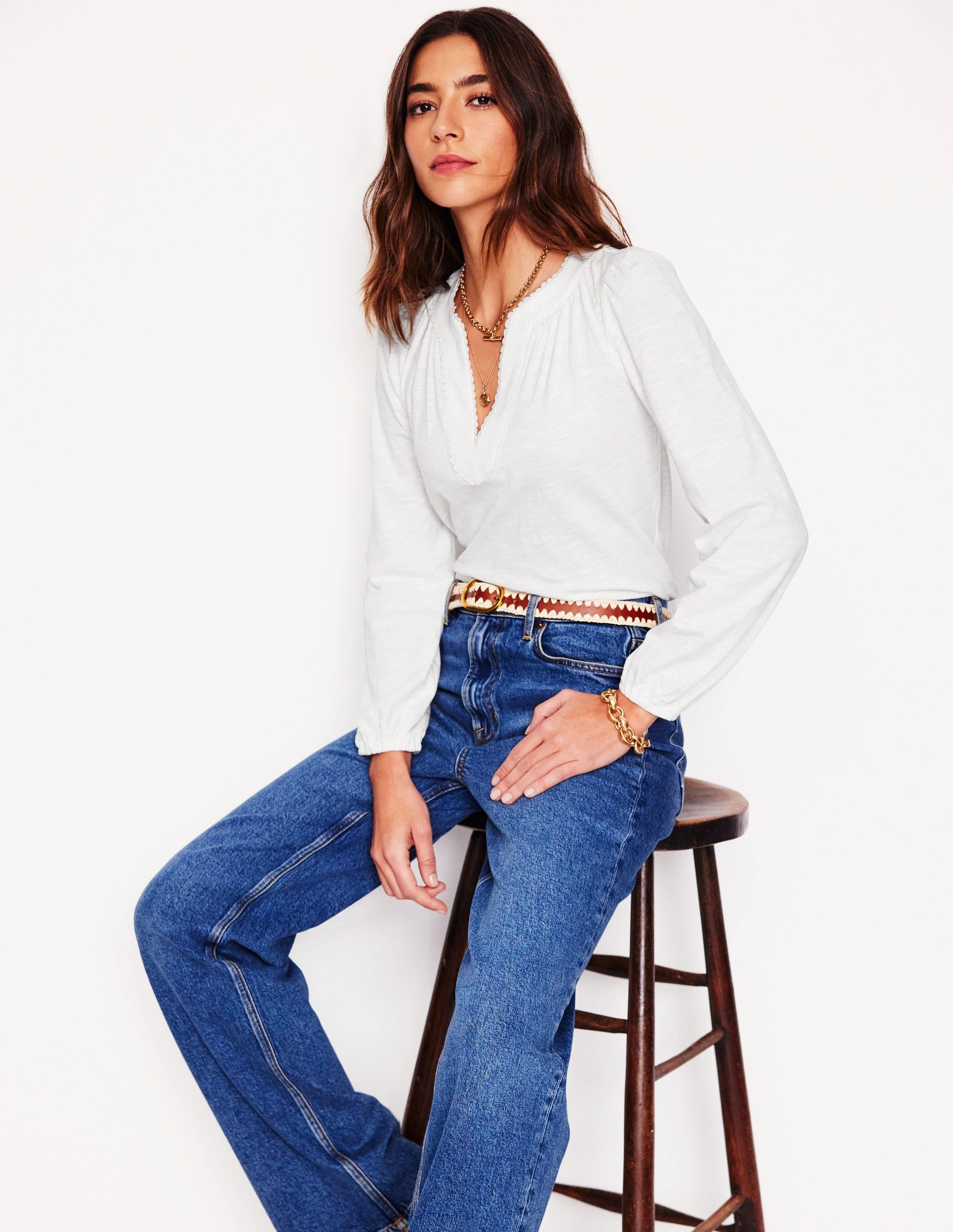 Ava Long Sleeve Trim Top-White Double Stitched Hems Flexible Cuffs