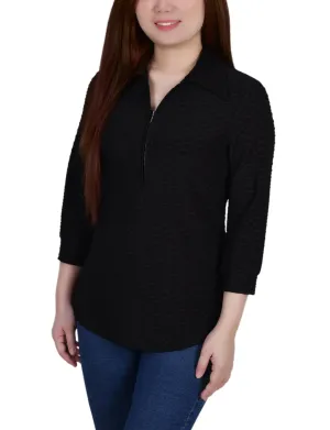 Convertible Style 3/4 Sleeve Honeycomb Half Zip Collared Top