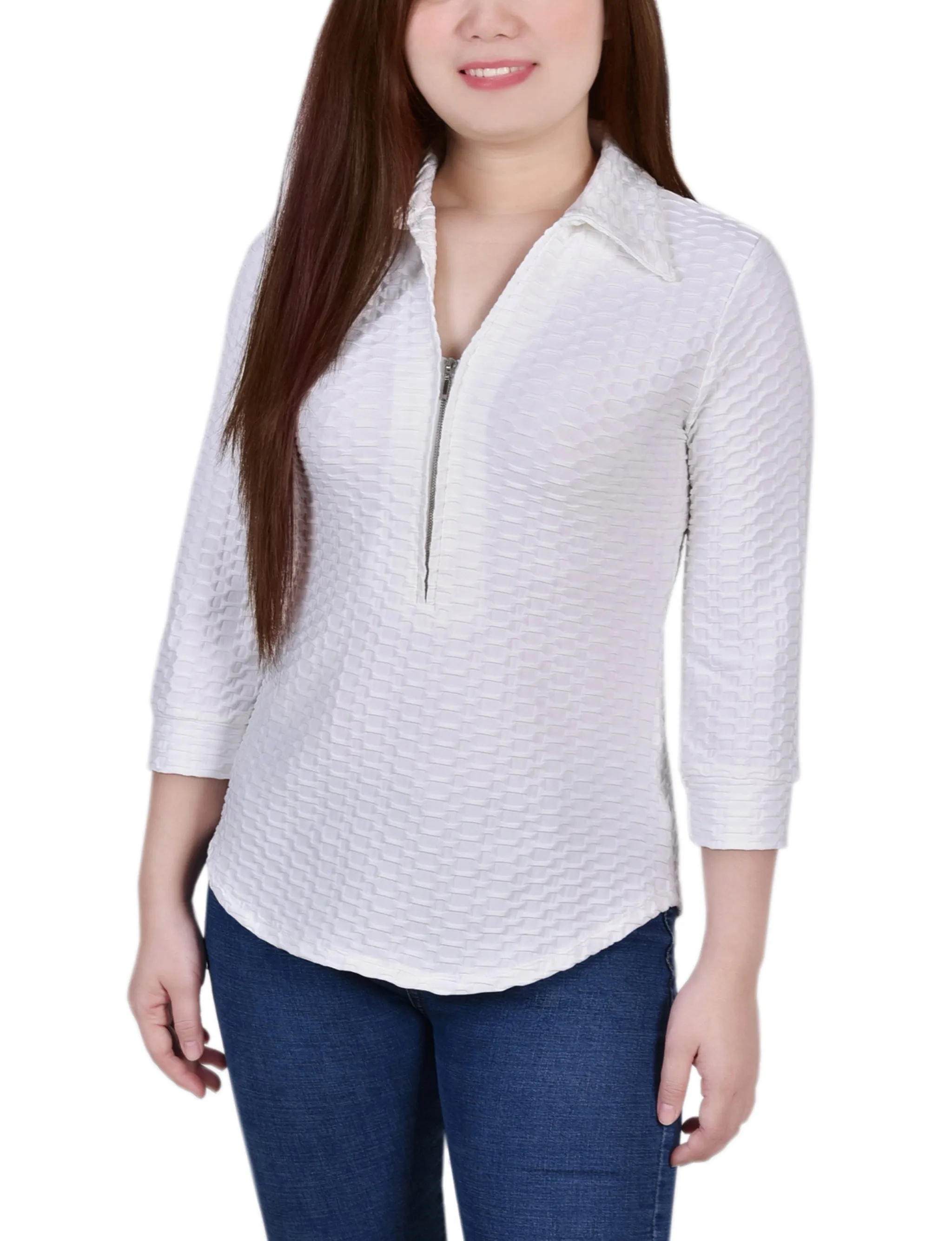 3/4 Sleeve Honeycomb Half Zip Collared Top ReflectiveTrimDetails