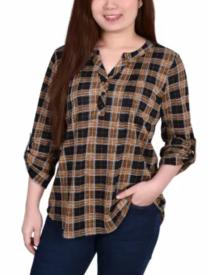3/4 Roll Tab Sleeve Y Neck Top Layered Placket Design OdorResistantTechnology
