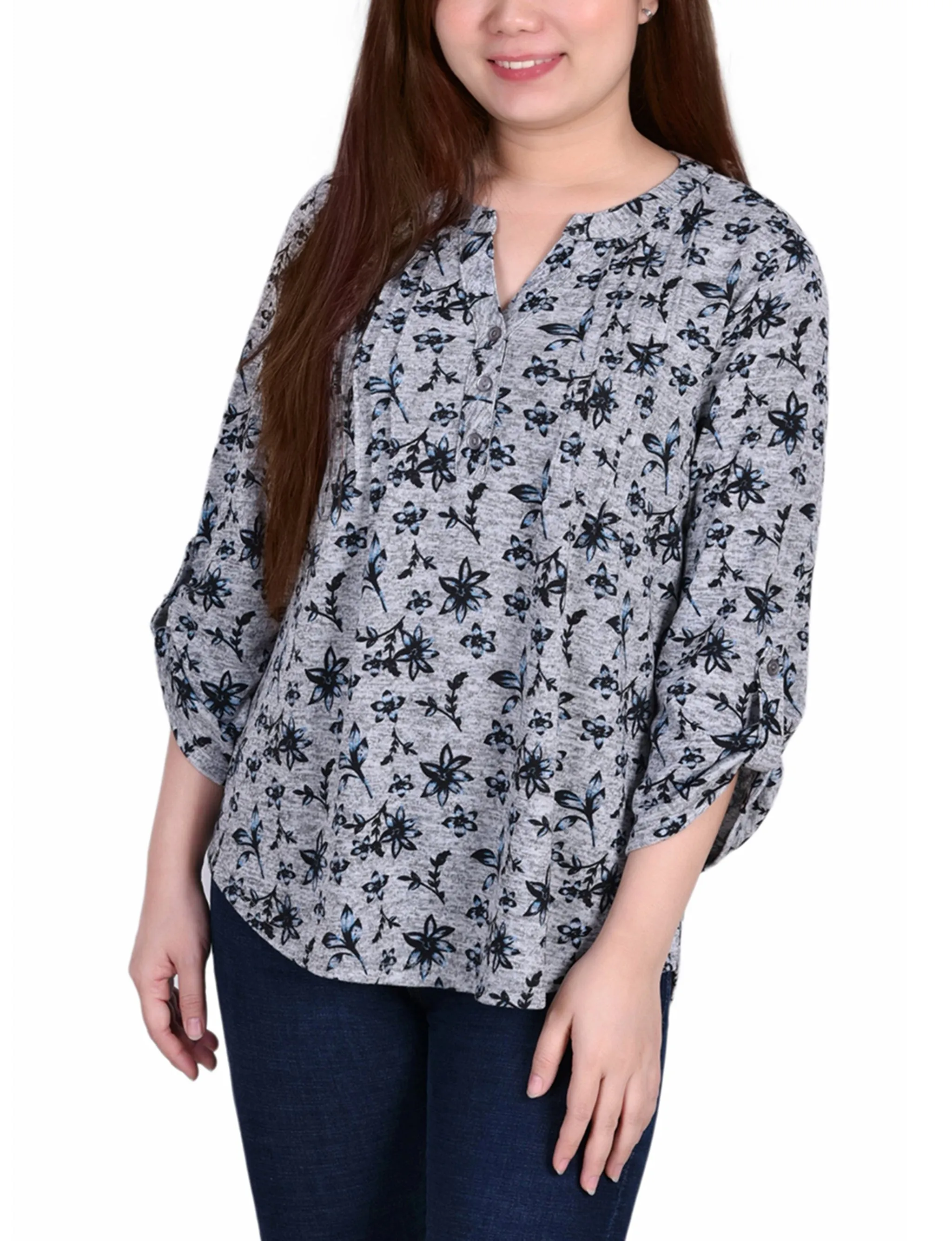 Fray Resistant Edges 3/4 Roll Tab Sleeve Y Neck Top