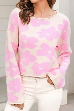 FLOWER PRINTING LOOSE FIT SHORT PULLOVER SWEATER Recycled Polyester MultiFunctionalPockets