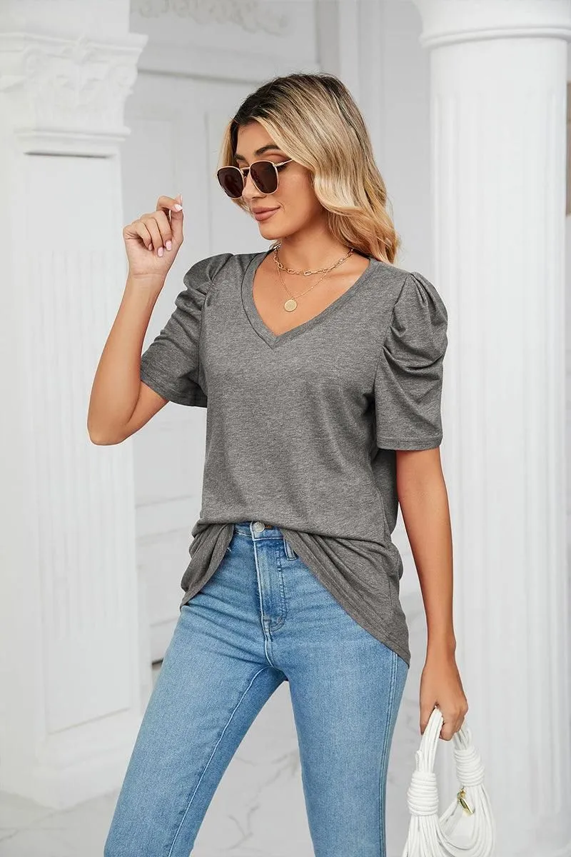 PUFFED SLEEVE SOLID CASUAL TOP Flatlock stitching