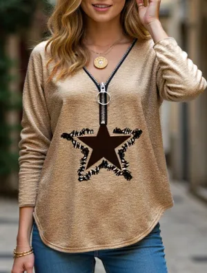 zippered v-neck long-sleeved pullover loose shirt Seamless Construction Design Fashion Blouse