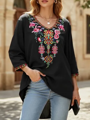 AntiOdor Oversized Silhouette COTTON V-NECK STYLE EMBROIDERED TOP