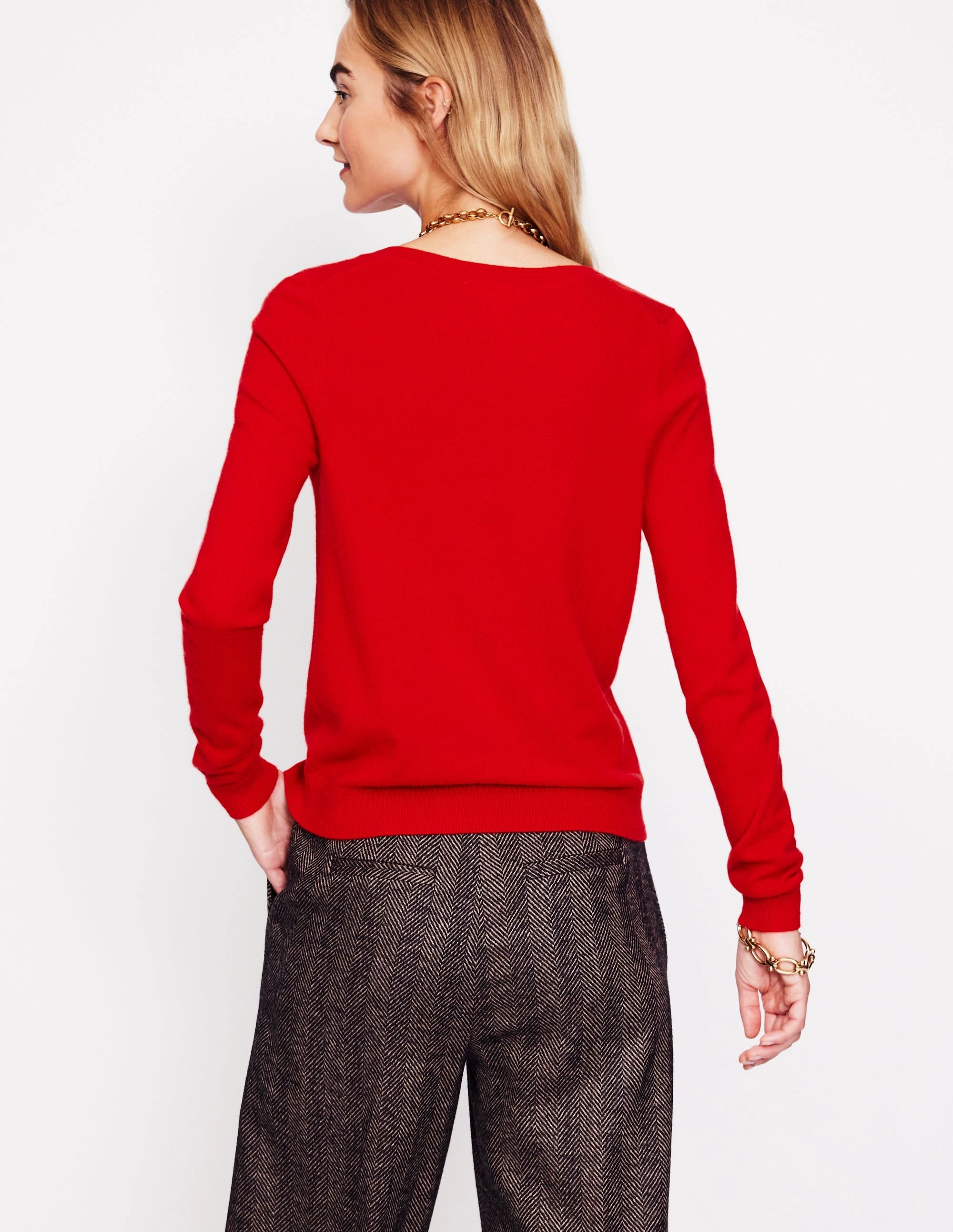 Eva Cashmere Crew Cardigan-Rouge Red Anti Snag Fabric