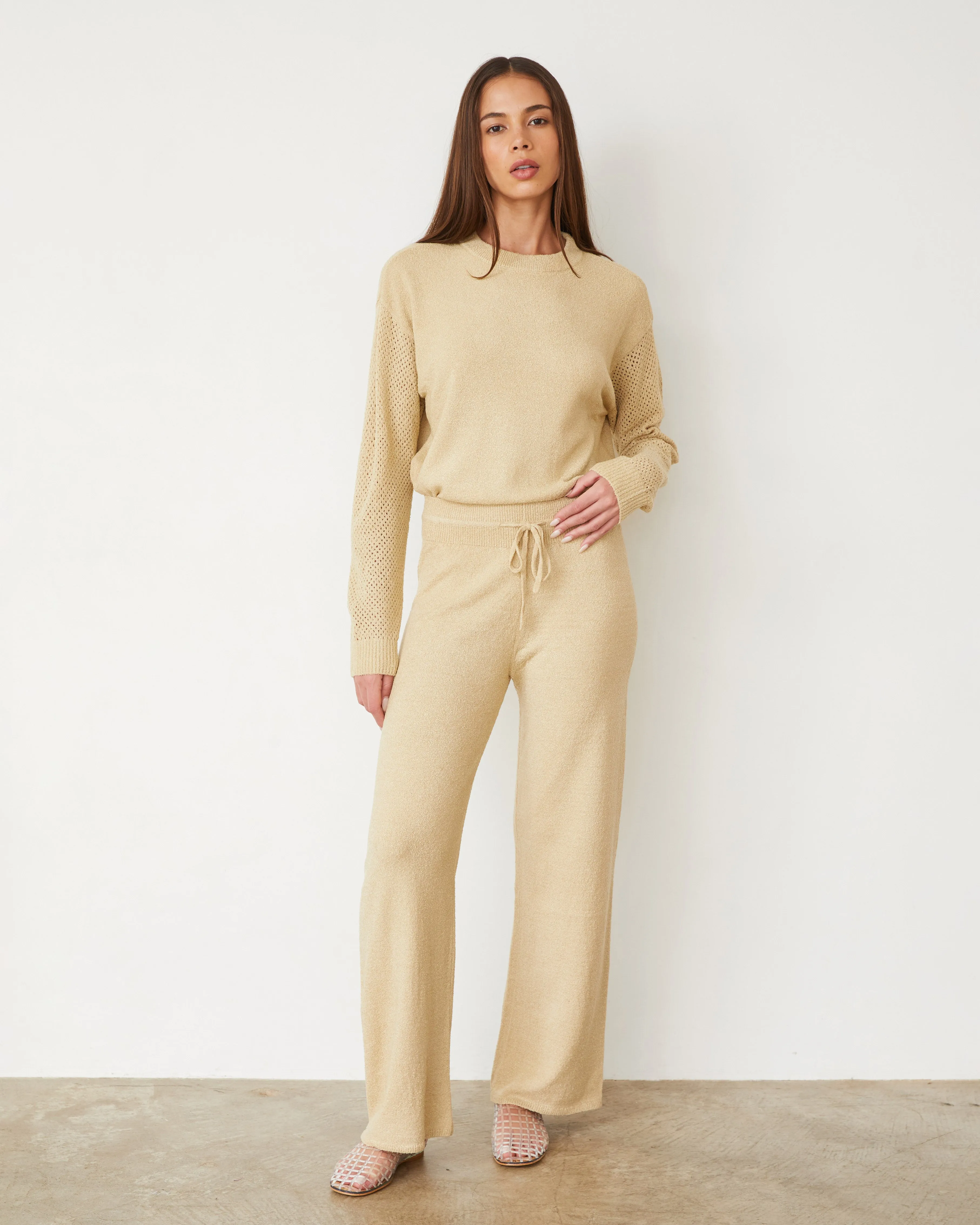 Boucle Knit Straight Leg Pant Layered Collar Structure