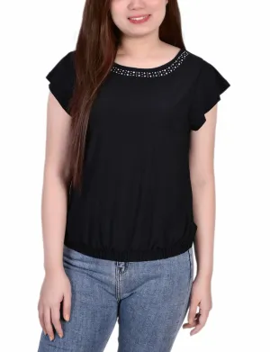 FadeResistant Treatment Petite Short Flutter Sleeve Top With Studded Neckline