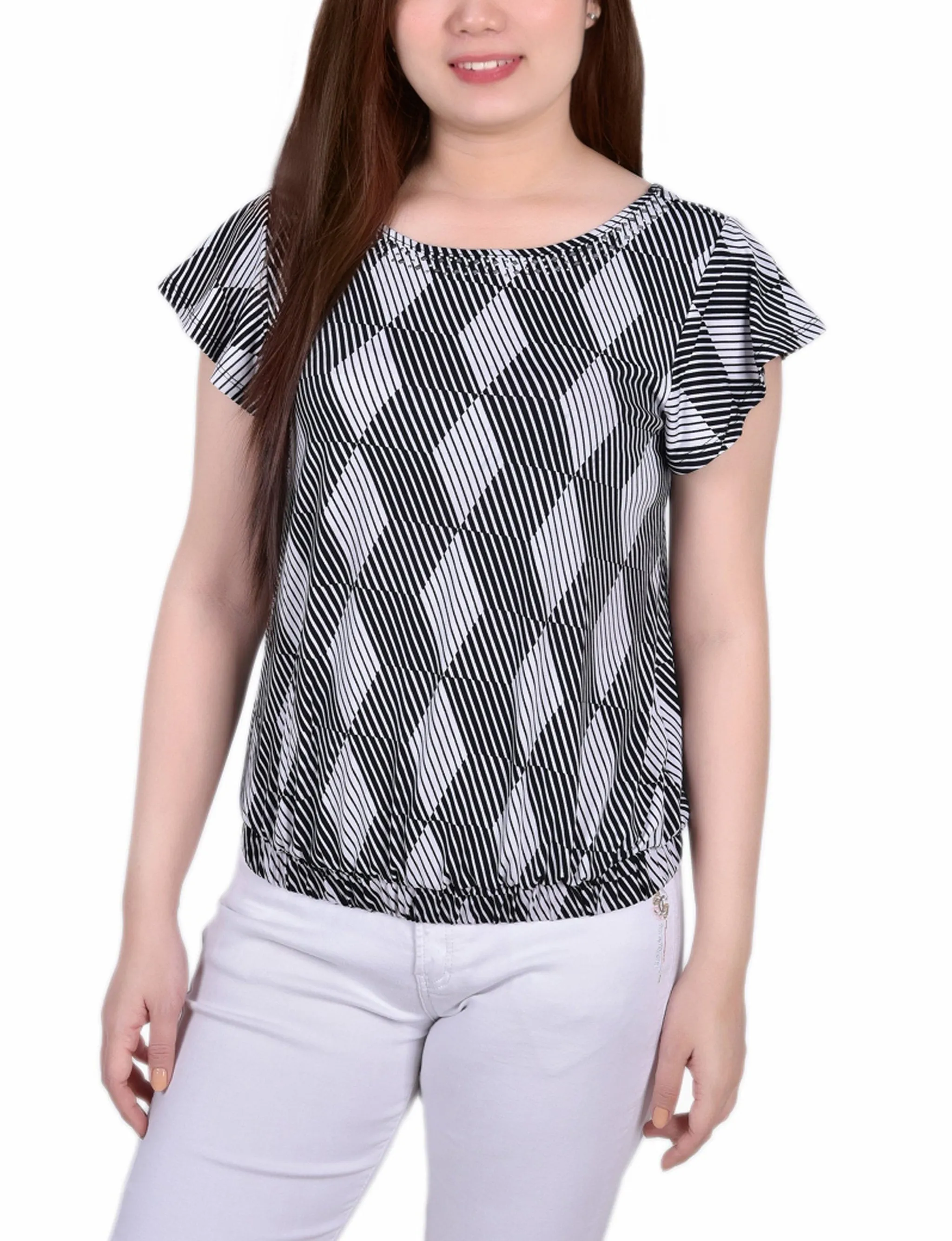 StainResistantFinish Petite Short Flutter Sleeve Top With Studded Neckline