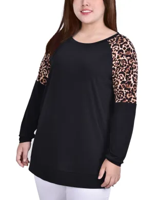 RibbedCuff Casual Jacket Plus Size Long Raglan Sleeve Top With Animal Print Insets
