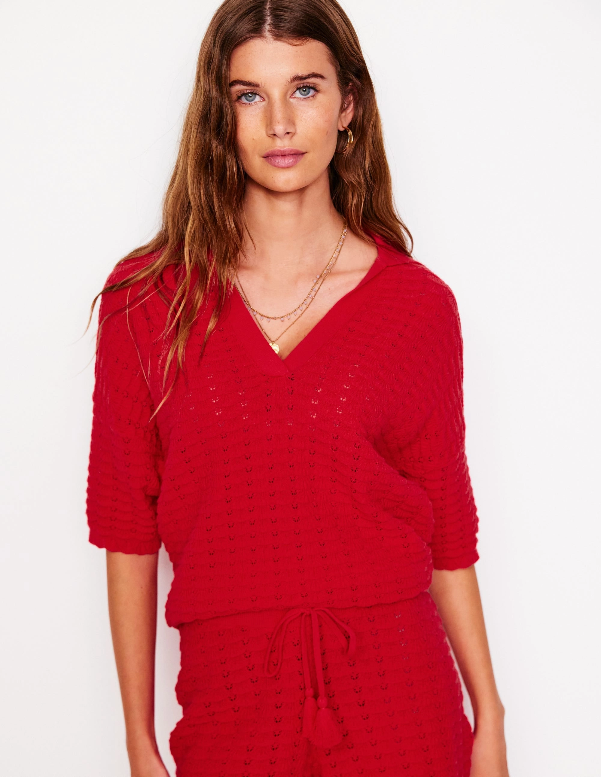 Weekend Outfit Basic Layer Collared Henley Jumper-Strawberry Tart Red