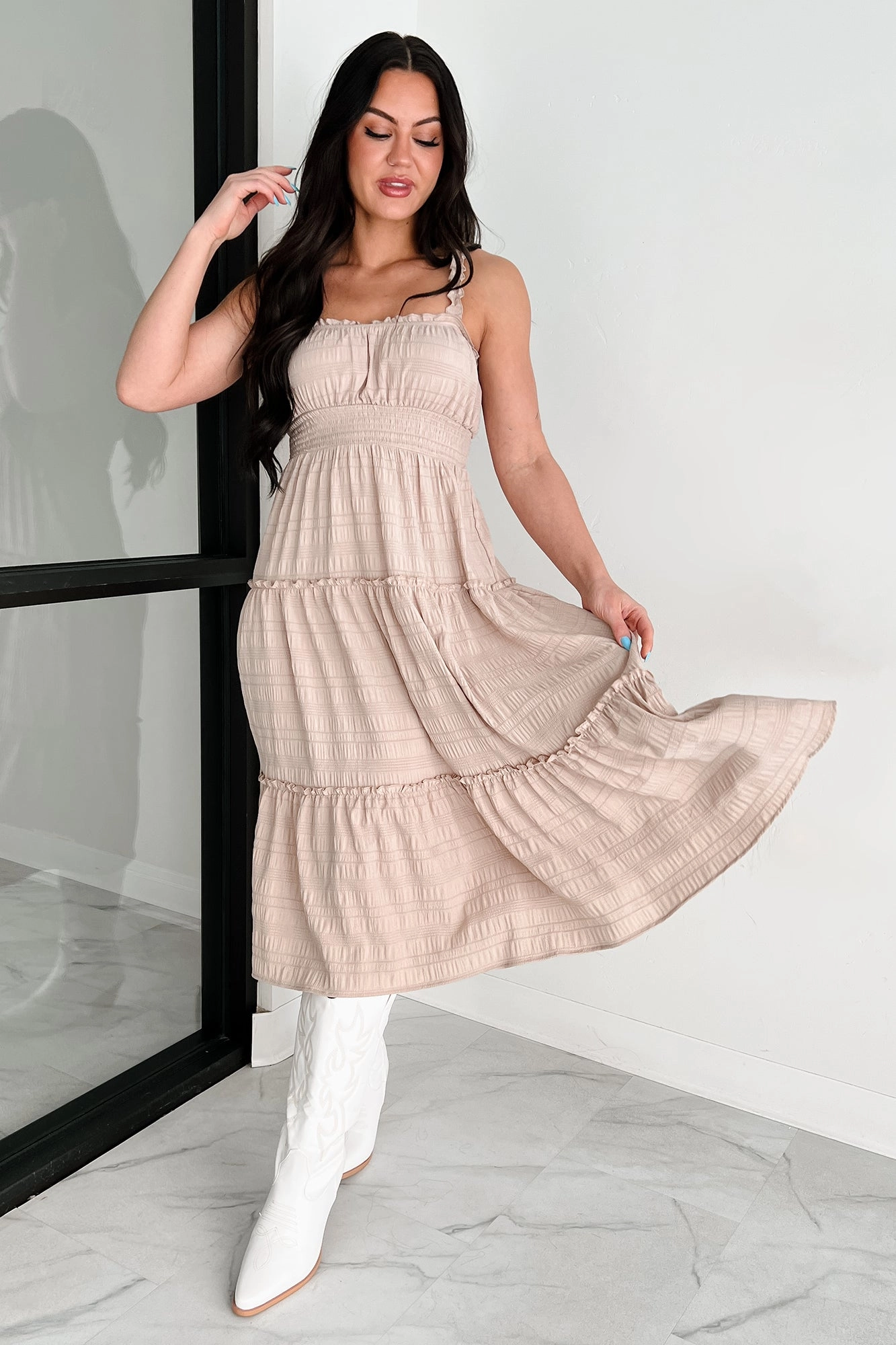 Trend Focused Quiet Elegance Ruffle Tiered Midi Dress (Almond)