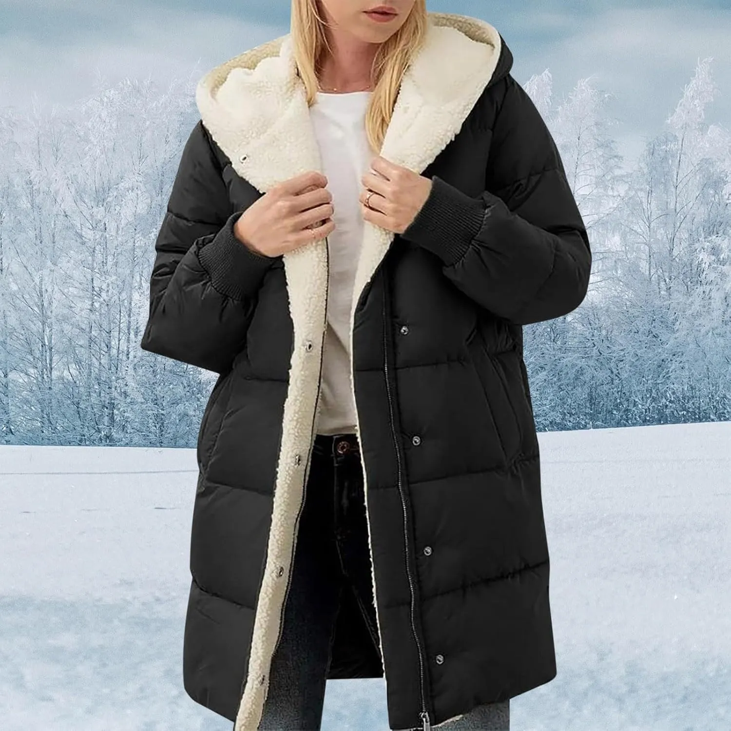 Quilted Puffer Jacket for Women Lined Fleece Coat Loose Fit Long Sleeve Hood Overcoat 2024 Temperament Cardigan Coats