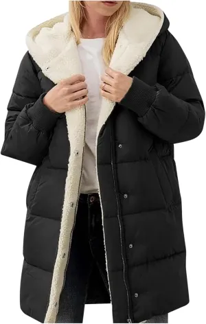 Quilted Puffer Jacket for Women Lined Fleece Coat Loose Fit Long Sleeve Hood Overcoat 2024 Temperament Cardigan Coats