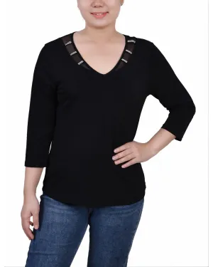 Petite 3/4 Sleeve Top With Illusion Neckline and Stones Reflective accents Odor Resistant Material