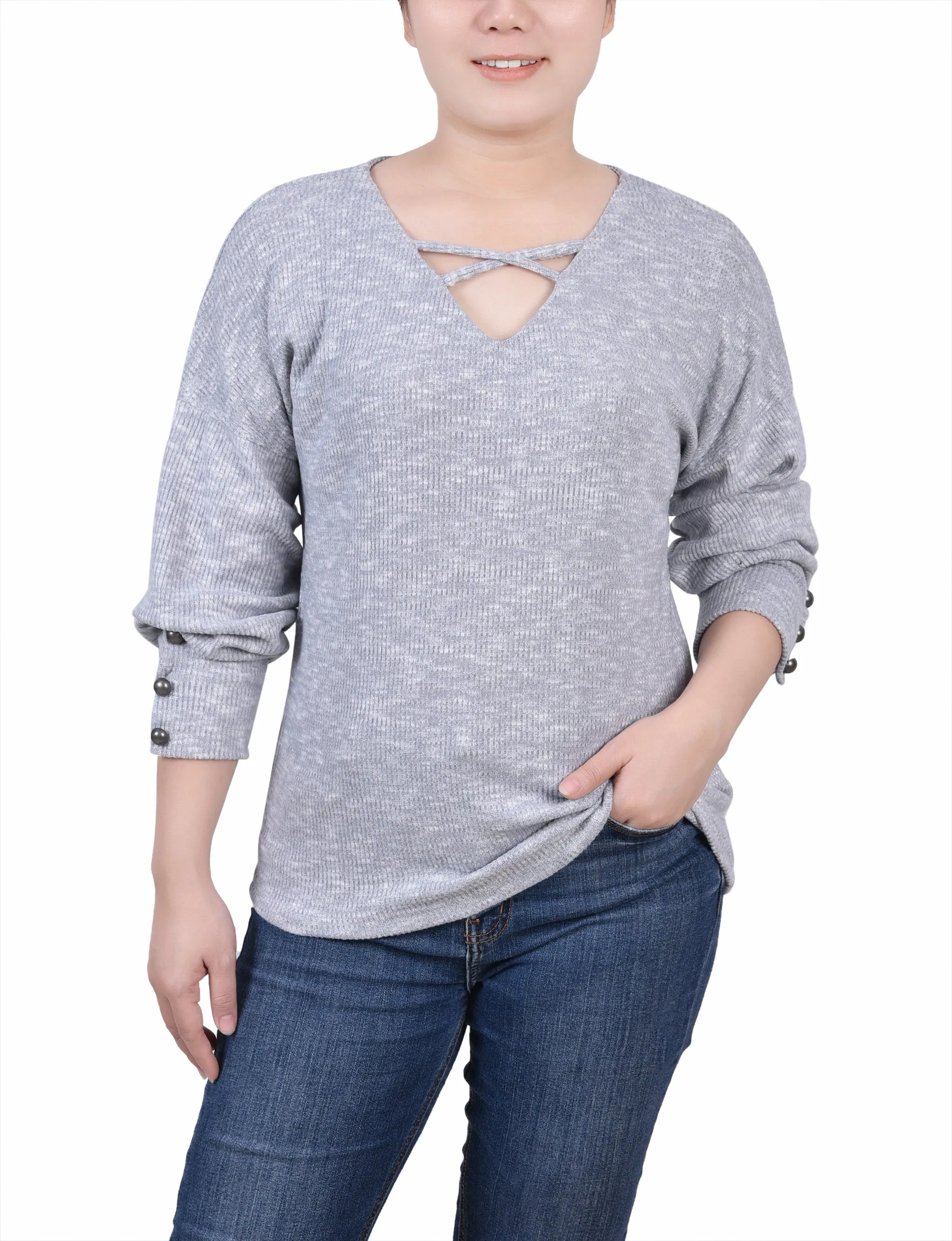 Relaxed Look Petite Long Sleeve Criss Cross Neck Pullover Top