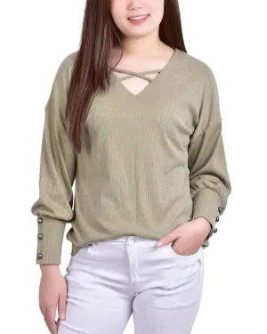 Petite Long Sleeve Criss Cross Neck Pullover Top Water resistant coating ZipClosure