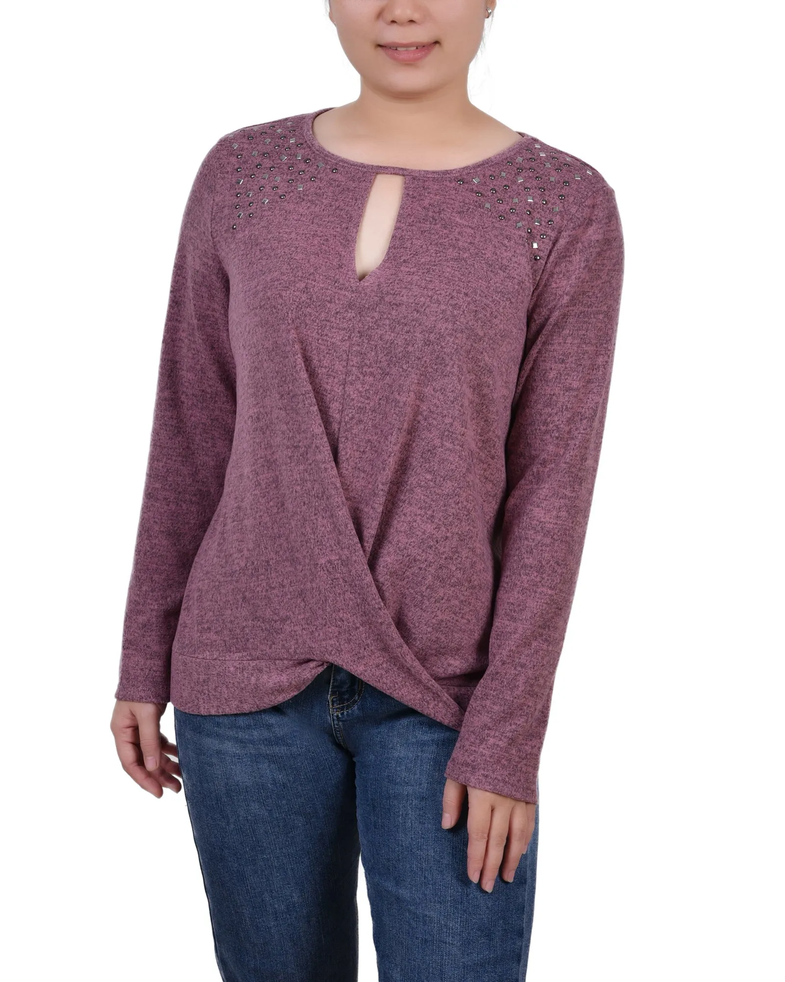 Petite Long Sleeve Knit Keyhole Top With Studs ReinforcedShoulderConstruction EasyCareMaterial