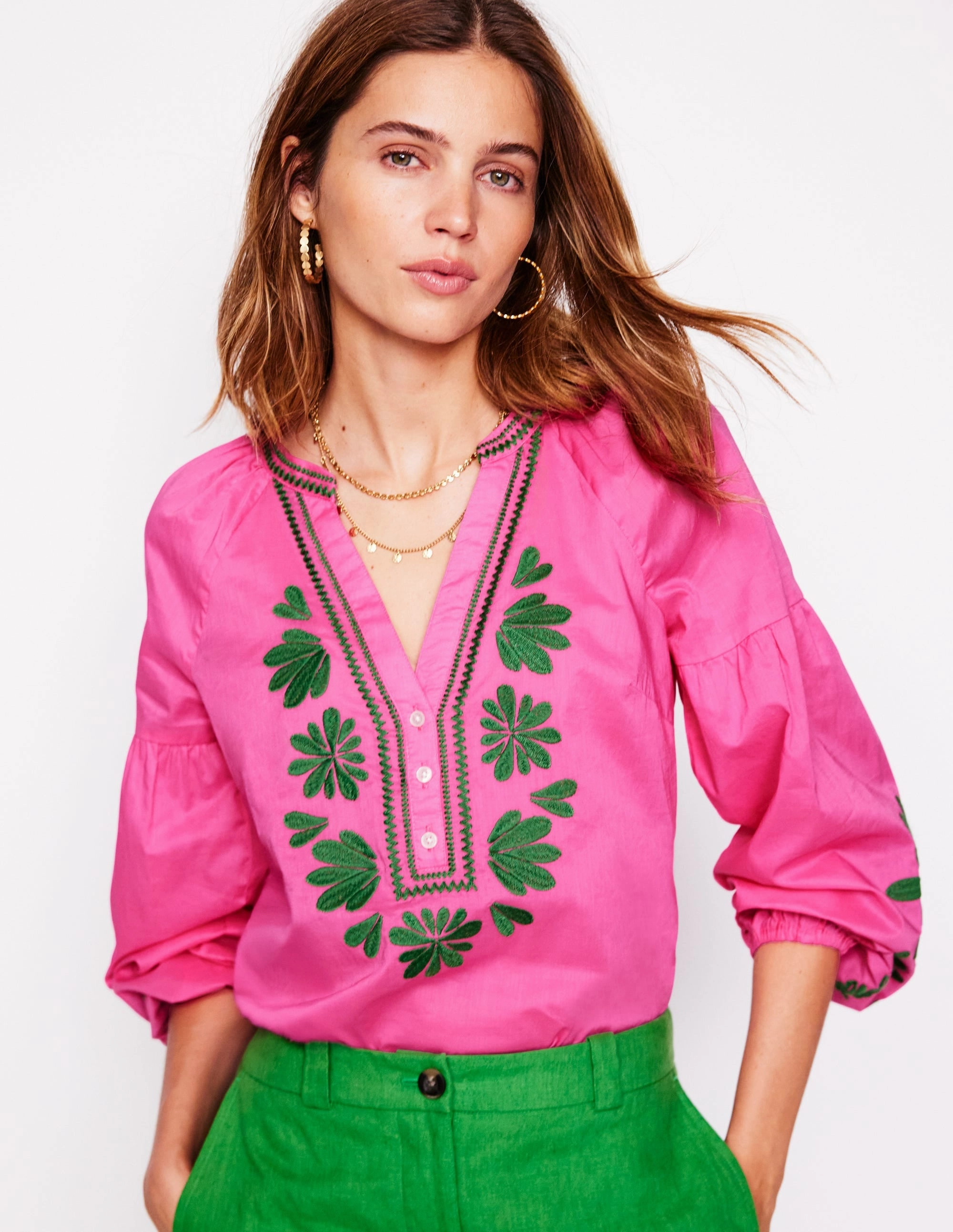 AdjustableDrawstring Raglan Embroidered Cotton Top-Sorbet Pink
