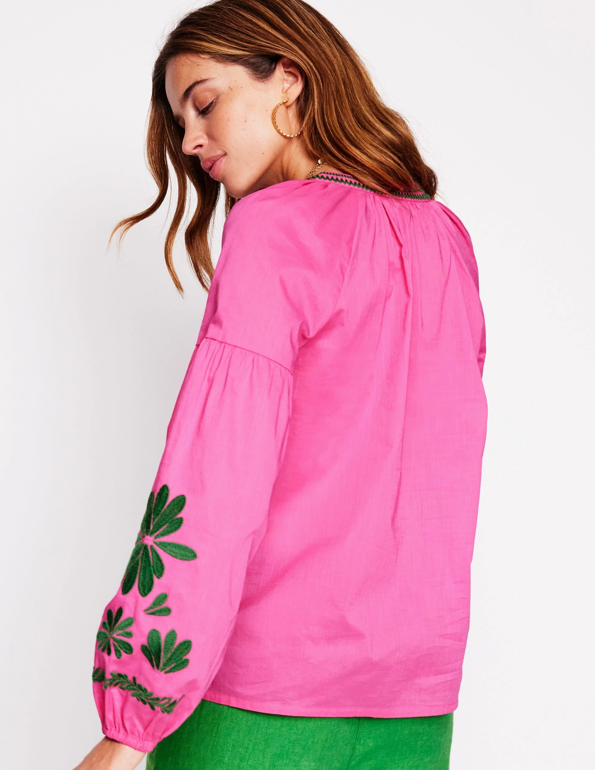 Raglan Embroidered Cotton Top-Sorbet Pink Anti Pill Surface