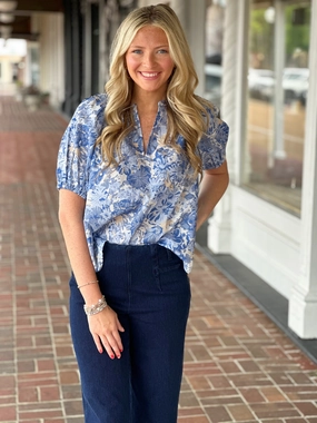Time After Time Top in Floral Blue Double Layered Fabric Flex Fit Shoulder Construction