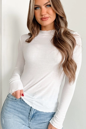Random Thoughts Lettuce Hem Long Sleeve Top (White) Flexible Material