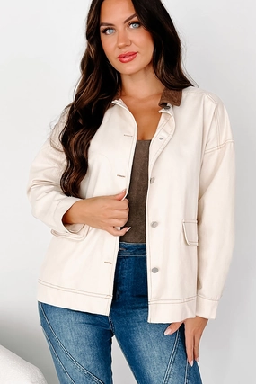 Quilted Pattern Casual Feel Randy Lightweight Contrast Collar Jacket (Beige/Brown)