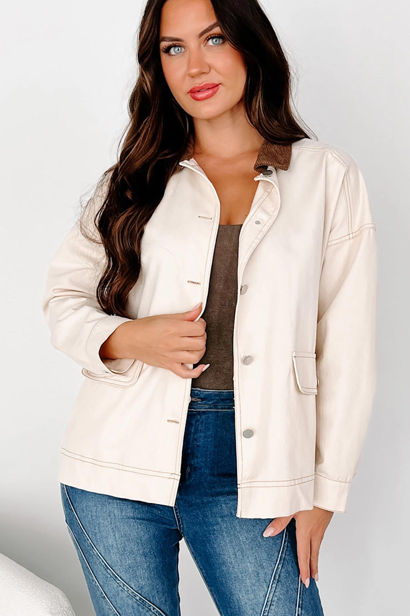 Quilted Pattern Casual Feel Randy Lightweight Contrast Collar Jacket (Beige/Brown)