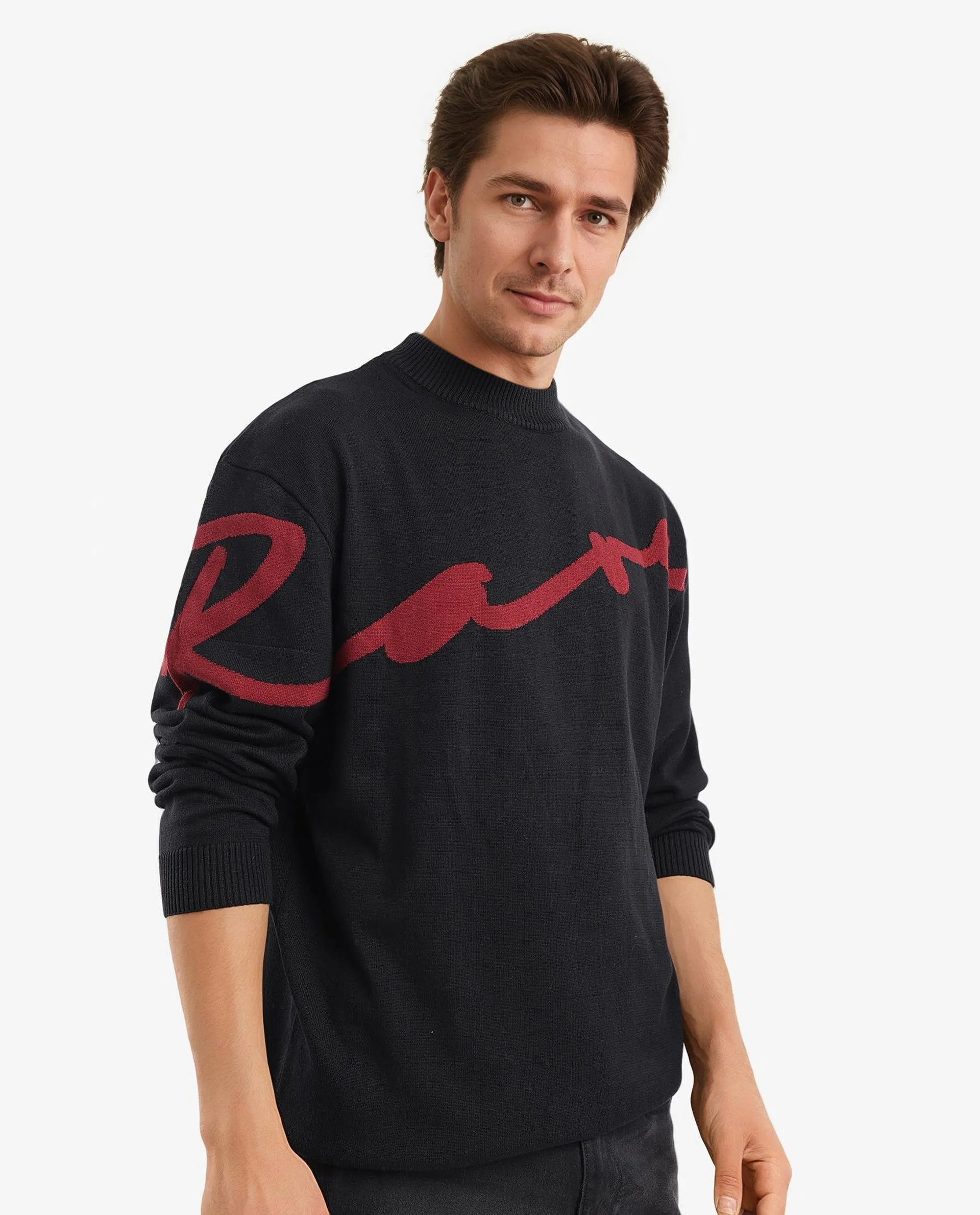 Rare Rabbit Men's Cyan Black Full Sleeve Crew Neck Regular Fit Placement Print Branded Textured Sweater
