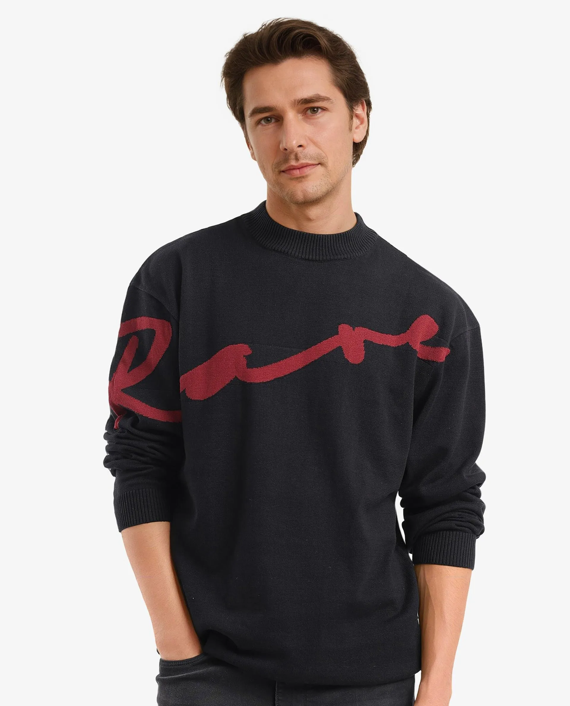 Rare Rabbit Men's Cyan Black Full Sleeve Crew Neck Regular Fit Placement Print Branded Textured Sweater