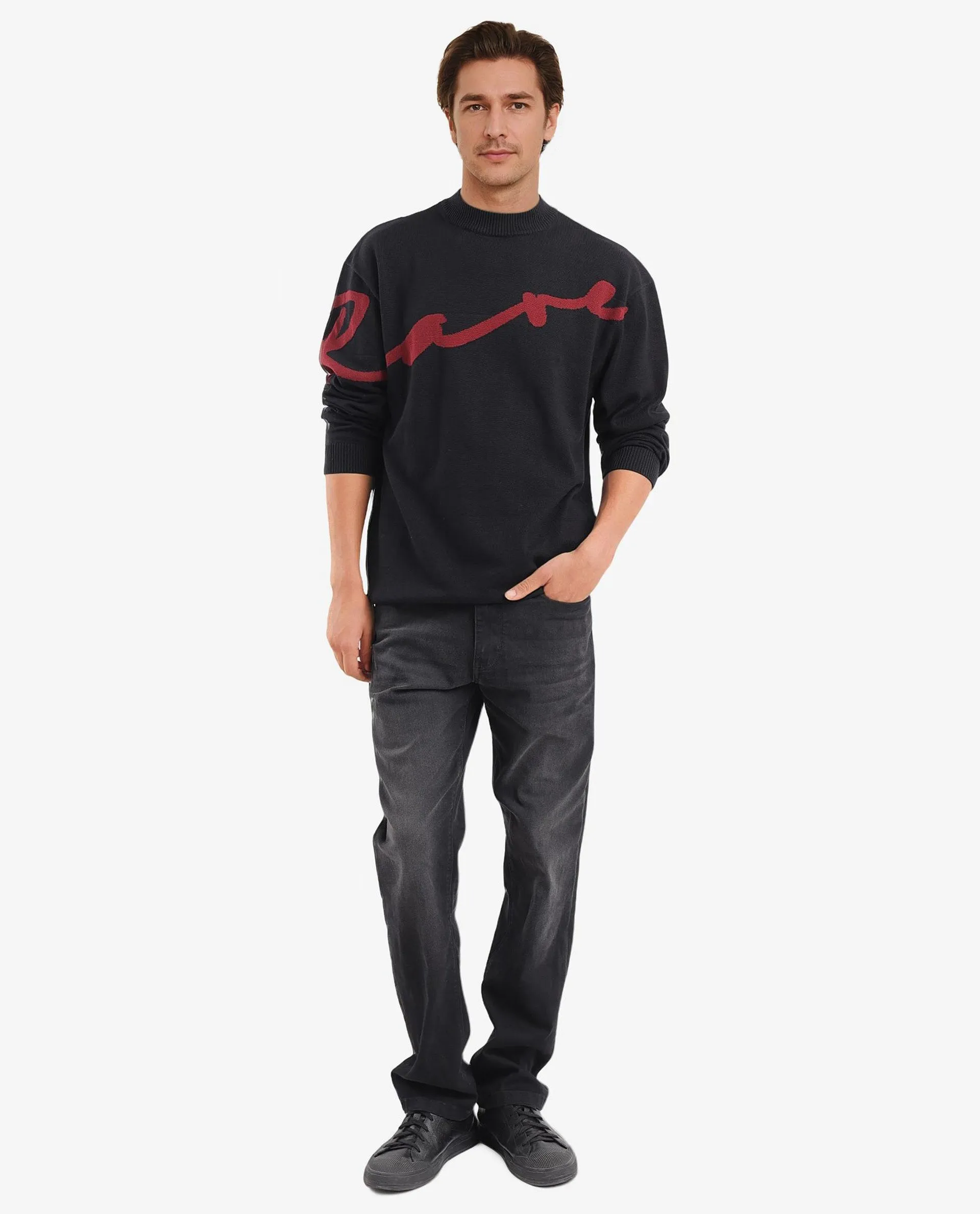 Rare Rabbit Men's Cyan Black Full Sleeve Crew Neck Regular Fit Placement Print Branded Textured Sweater