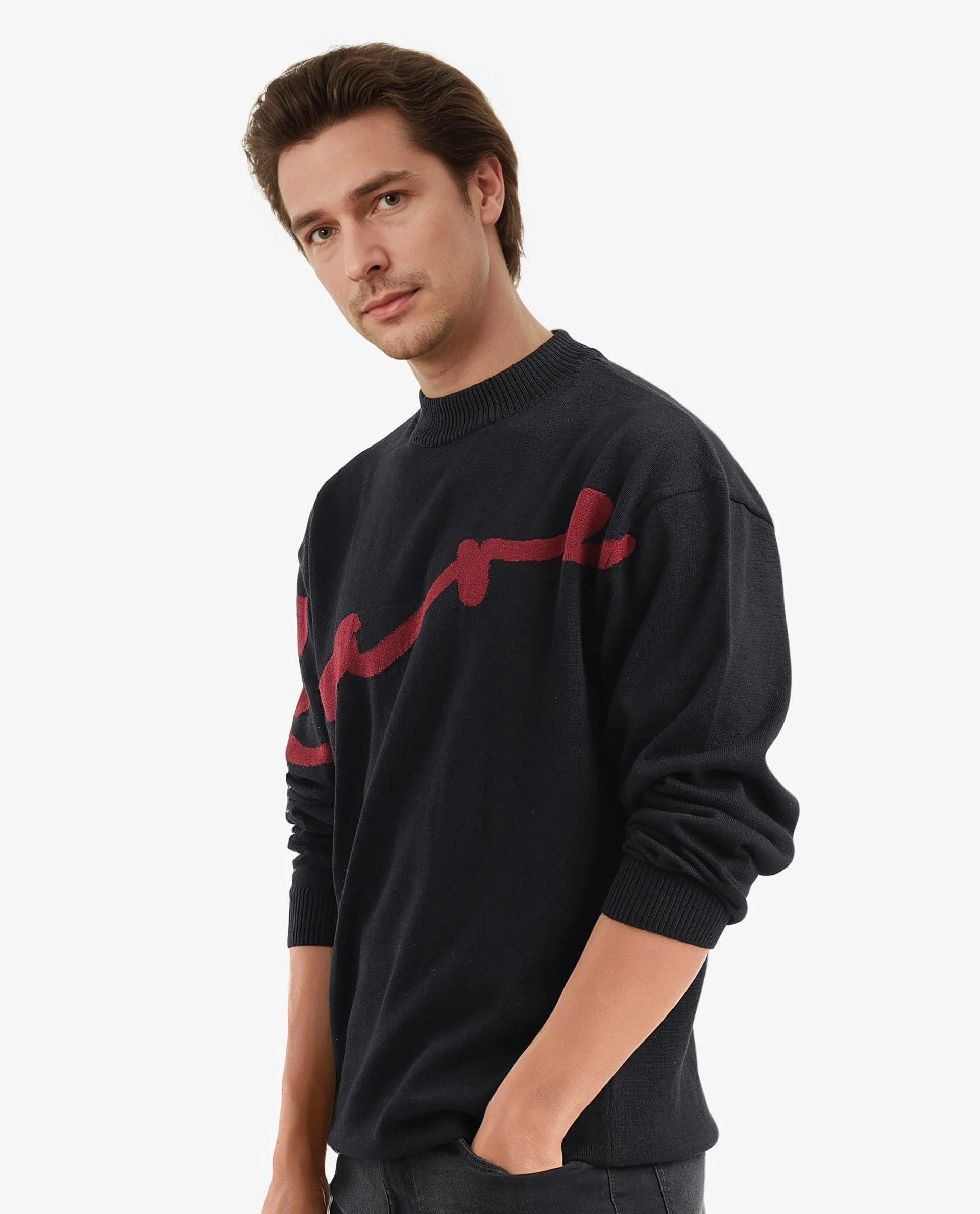 Rare Rabbit Men's Cyan Black Full Sleeve Crew Neck Regular Fit Placement Print Branded Textured Sweater
