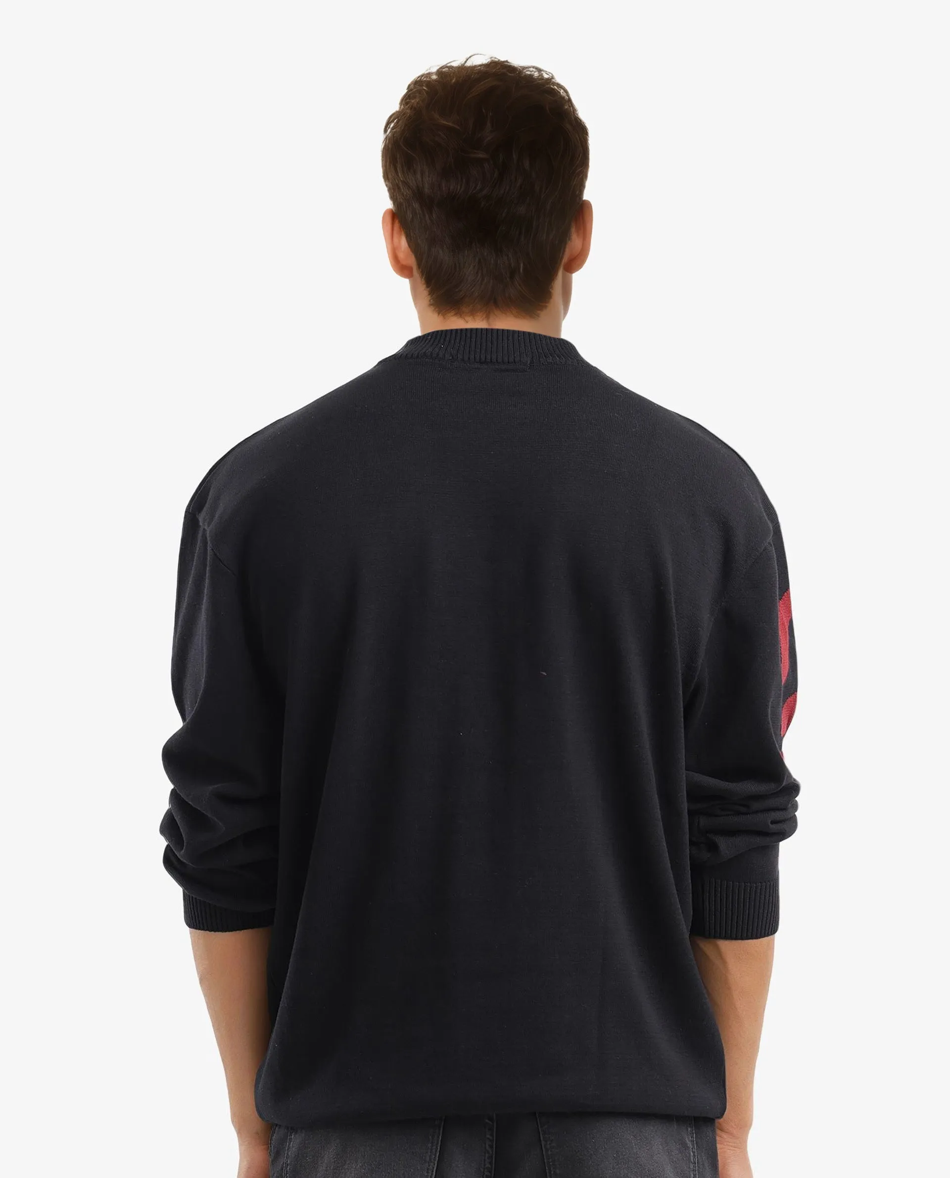 Rare Rabbit Men's Cyan Black Full Sleeve Crew Neck Regular Fit Placement Print Branded Textured Sweater
