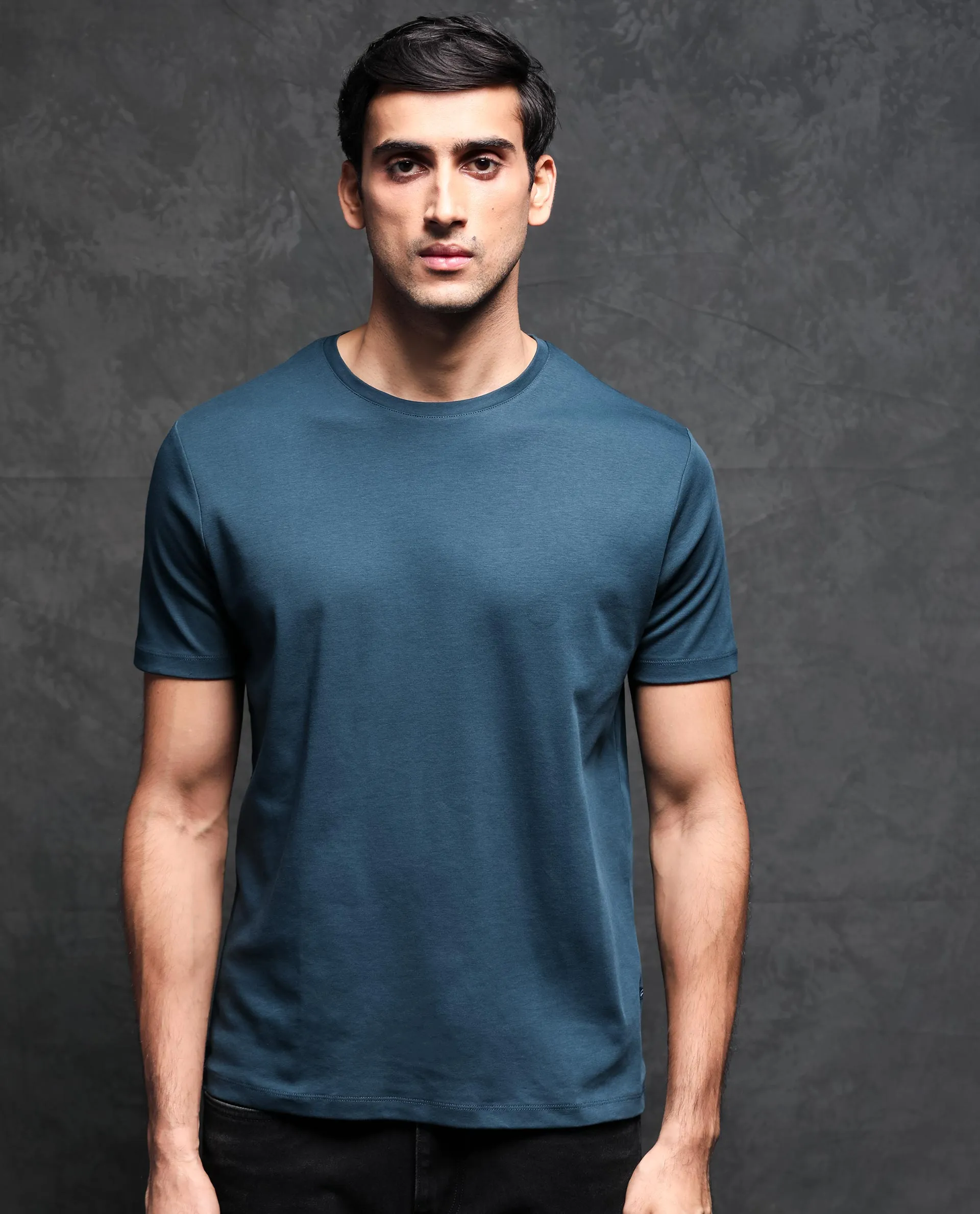 Rare Rabbit Men's Gis Petrol Cotton Fabric Crew Neck Half Sleeves Regular Fit Solid T-Shirt