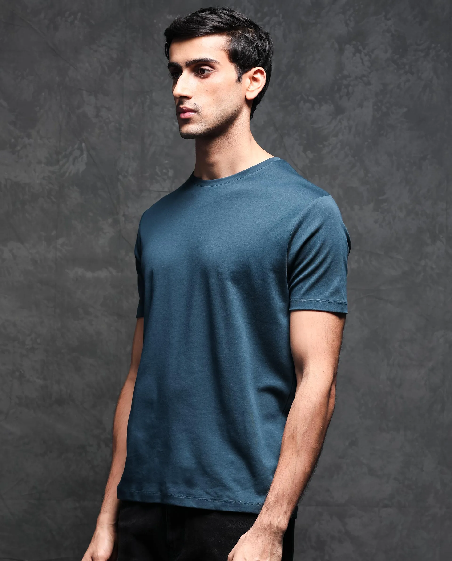 Rare Rabbit Men's Gis Petrol Cotton Fabric Crew Neck Half Sleeves Regular Fit Solid T-Shirt