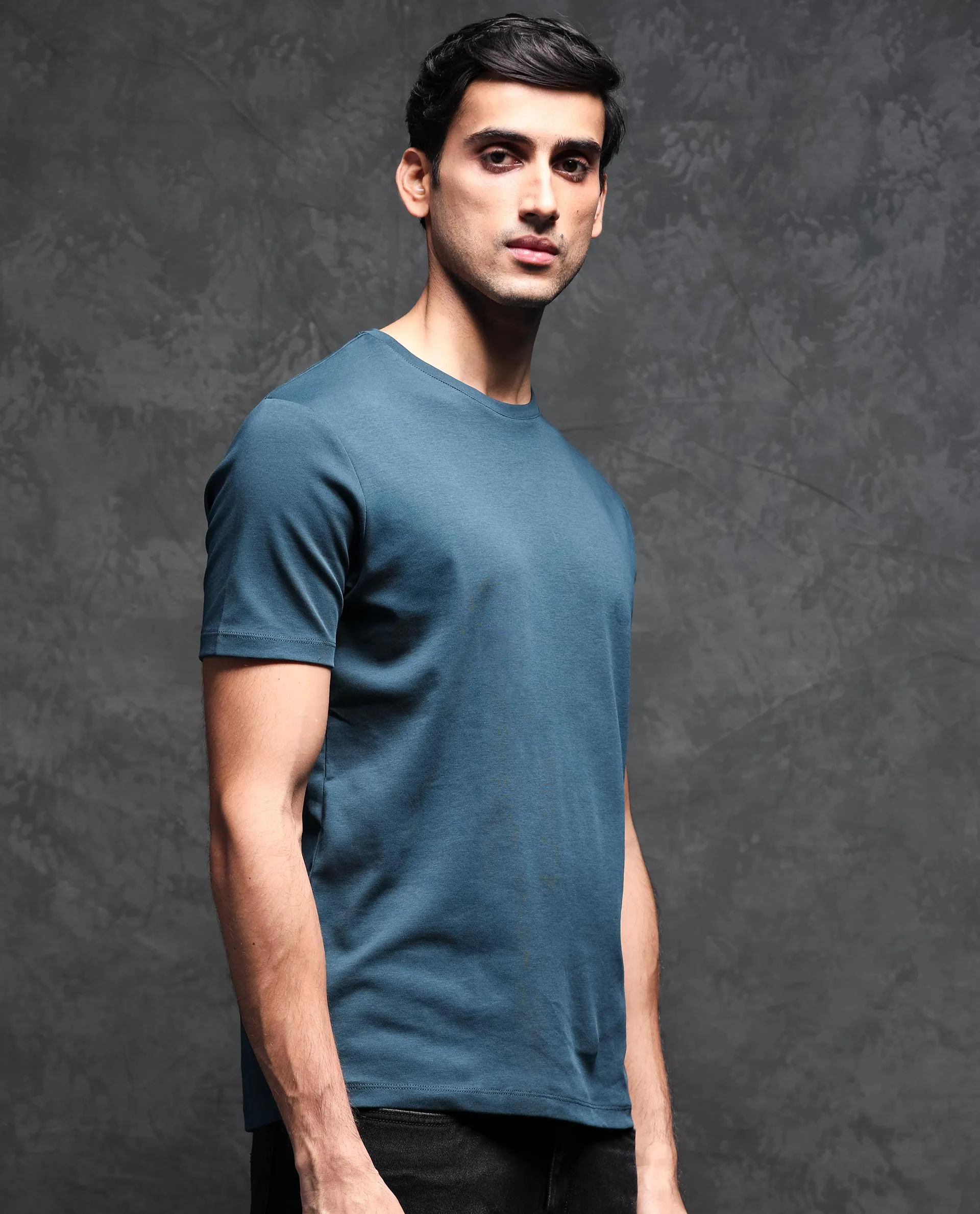 Rare Rabbit Men's Gis Petrol Cotton Fabric Crew Neck Half Sleeves Regular Fit Solid T-Shirt