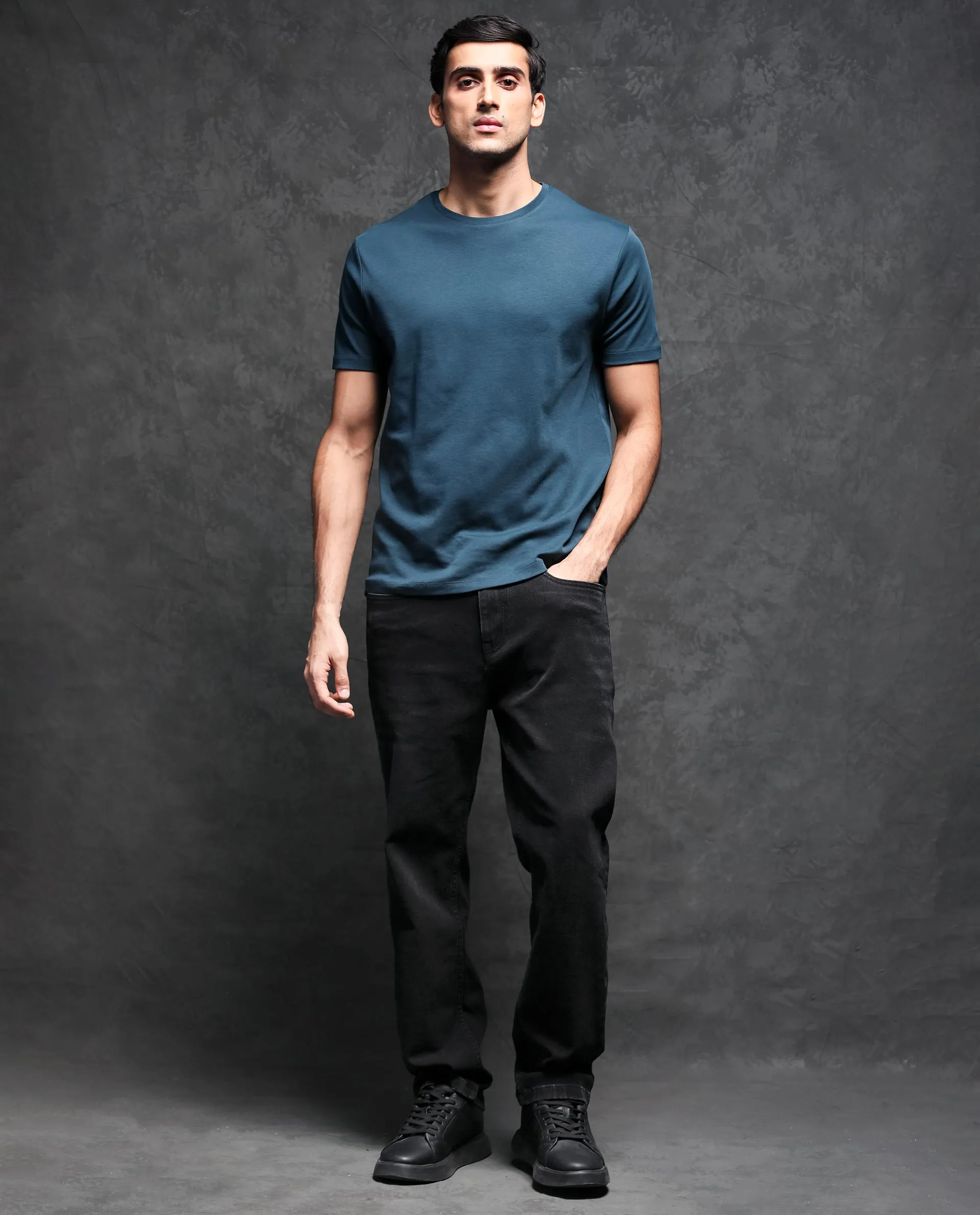 Rare Rabbit Men's Gis Petrol Cotton Fabric Crew Neck Half Sleeves Regular Fit Solid T-Shirt