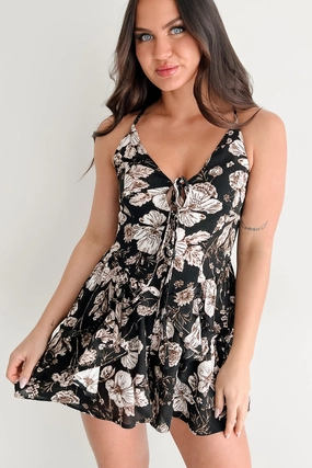 Boldly Elegant Sleeveless Floral Romper (Black) Lace Accent Light Touch