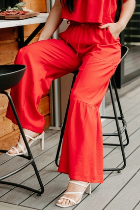 Office Friendly Comfy Vibes Real Karma Tiered Linen Pants (Red)