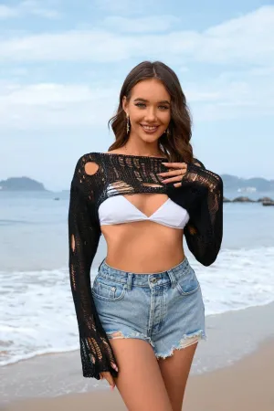 Front-Knot Fade Resistant Fabric BEACH HOLE SUPER SHORT FLARED SLEEVE KNITWEAR_CWTBLL0666