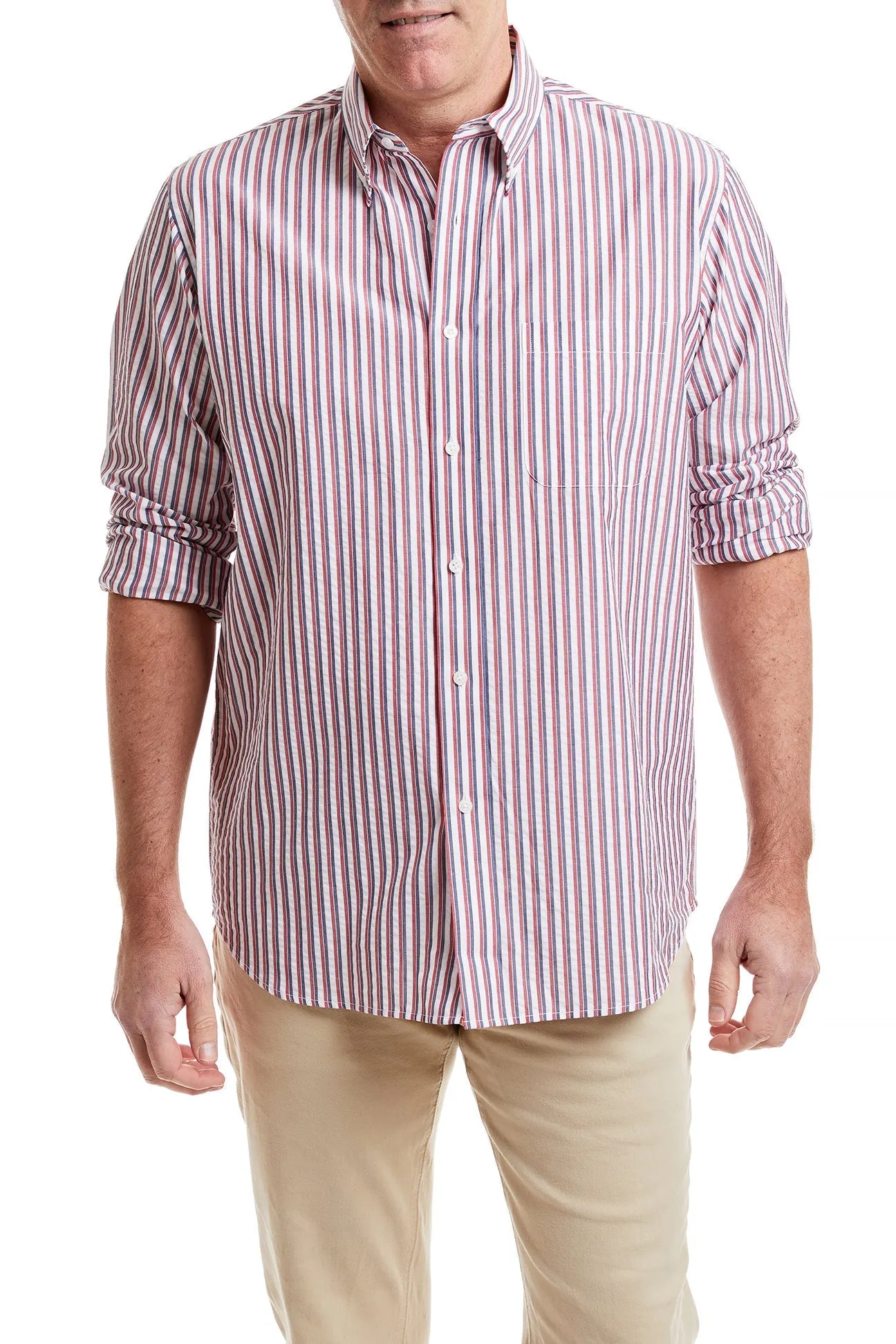 Layered Sleeve Chase Shirt Red and Navy Seersucker