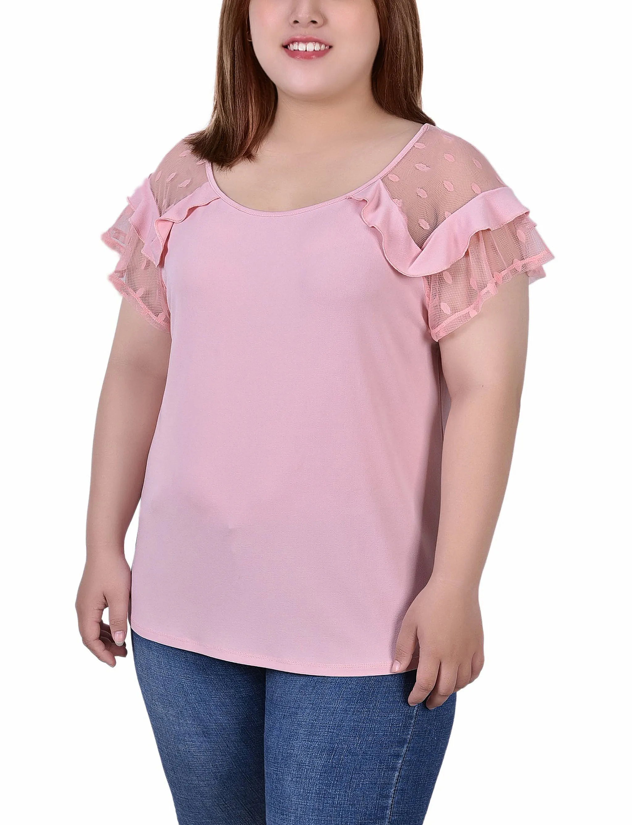 Layered Panel Construction Plus Size Short Dot Sleeve Top